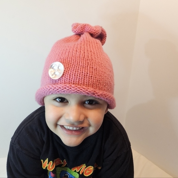 Hand Crafted Mauve Pink Hand knit Beanie Unisex Handmade crochet cap floral top - Picture 14 of 17